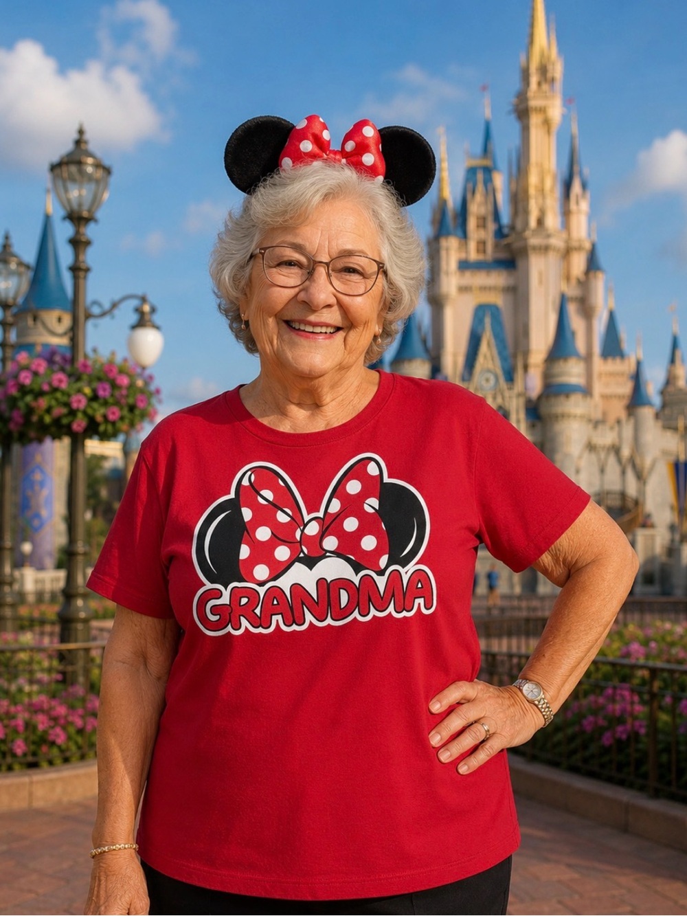 Disney Minnie Mouse Grandma Short Sleeve Red White T Shirt Size XL
